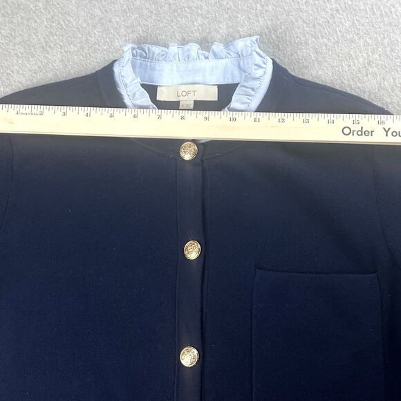 Loft Ruffle Neck Sweater Womens XL Navy Button Up Cardigan Workwear Fall Casual - Picture 4 of 12
